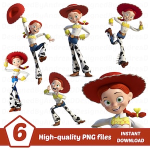 K&ouml;nnte beinhalten: Sechs hochwertige PNG-Dateien mit der Figur Jessie aus Toy Story. Jessie wird in verschiedenen Posen gezeigt, gekleidet in ihrer typischen Cowboy-Kleidung: ein wei&szlig;es Oberteil, blaue Jeans, Chaps mit Kuhmuster und ein roter Hut. Der Text lautet 'Hochwertige PNG-Dateien'.