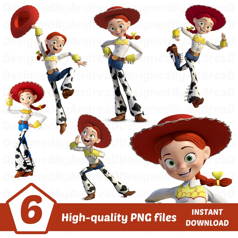 K&ouml;nnte beinhalten: Sechs hochwertige PNG-Dateien mit der Figur Jessie aus Toy Story. Jessie wird in verschiedenen Posen gezeigt, gekleidet in ihrer typischen Cowboy-Kleidung: ein wei&szlig;es Oberteil, blaue Jeans, Chaps mit Kuhmuster und ein roter Hut. Der Text lautet 'Hochwertige PNG-Dateien'.