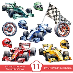 May include: Watercolor clipart set of 11 race car elements, including four race cars in green, blue, red, and yellow, three helmets, a checkered flag, and two wheels.  PNG/300 DPI Resolution.