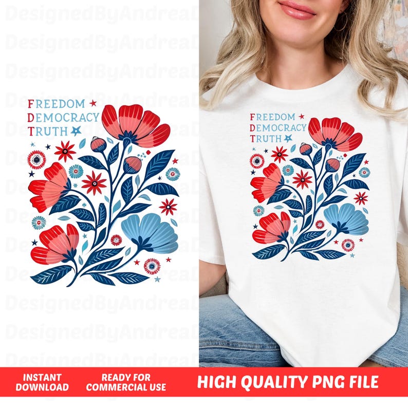 K&ouml;nnte beinhalten: Wei&szlig;es T-Shirt mit einem floralen Design aus roten und blauen Blumen, gr&uuml;nen Bl&auml;ttern und den Worten "FREEDOM, DEMOCRACY, TRUTH". Die Illustration ist digital, f&uuml;r kommerzielle Nutzung und Sofort-Download geeignet.