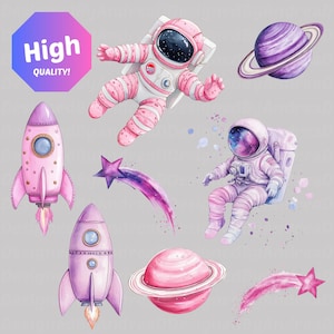 K&ouml;nnte beinhalten: Rosa und lilafarbene Aquarell-Illustrationen von Astronauten, Planeten, Raketen und Sternschnuppen. Die Illustrationen sind perfekt f&uuml;r ein Kinderzimmer oder ein Babyzimmer mit Weltraumthema.