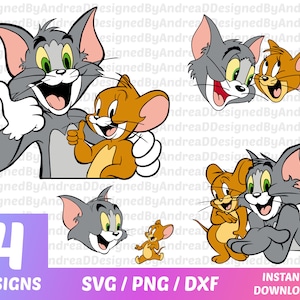 May include: Four cartoon designs featuring Tom and Jerry characters. The images include Tom and Jerry together, with the text "4 DESIGNS" and "SVG / PNG / DXF" and "INSTANT DOWNLOAD".