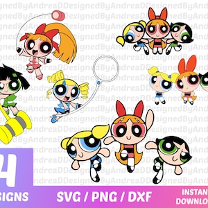Puede incluir: Diseños digitales con las Supernenas en varias poses. La imagen incluye a Pétalo, Burbuja y Cactus, con el texto "4 DESIGNS" y "SVG / PNG / DXF INSTANT DOWNLOAD". Los personajes están en sus colores característicos.