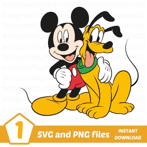 May include: A digital illustration of Mickey Mouse and Pluto. Mickey is in his classic outfit, and Pluto is yellow with a green collar. The image includes the text "SVG and PNG files" and "INSTANT DOWNLOAD".