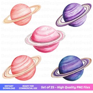 K&ouml;nnte beinhalten: Set mit 25 Aquarell-Illustrationen von Planeten mit Ringen. Die Planeten sind rosa, lila und blau mit wei&szlig;en Ringen. Die Illustrationen sind perfekt, um Ihren Designs einen Hauch von Verspieltheit zu verleihen.