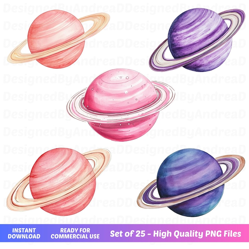 K&ouml;nnte beinhalten: Set mit 25 Aquarell-Illustrationen von Planeten mit Ringen. Die Planeten sind rosa, lila und blau mit wei&szlig;en Ringen. Die Illustrationen sind perfekt, um Ihren Designs einen Hauch von Verspieltheit zu verleihen.