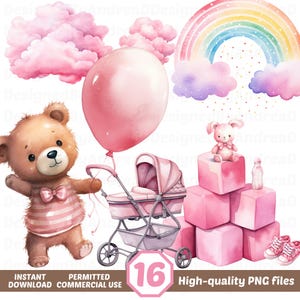 Watercolor Teddy Bear Clipart For Girl, Watercolor Baby Shower Clipart, Pink Teddy Bear, Sublimation Designs, Png bundle, INSTANT DOWNLOAD
