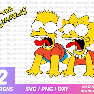 Könnte beinhalten: Digitalgrafik mit Bart und Lisa Simpson mit herausgestreckter Zunge und aufgerissenen Augen. Das Simpsons-Logo befindet sich darüber. Der Text "2 DESIGNS" und "SVG / PNG / DXF" ist enthalten.