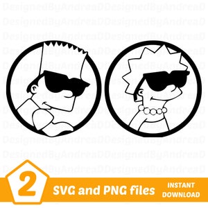 May include: Black and white cartoon illustrations of a boy and a woman wearing sunglasses, each within a black circle. The boy has spiky hair, and the woman has star-shaped hair. The image includes the text "SVG and PNG files" and the number "2".