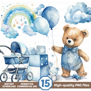 Watercolor Teddy Bear Clipart For Boy, Watercolor Baby Shower Clipart, Blue Teddy Bear, Sublimation Designs, Png bundle, INSTANT DOWNLOAD