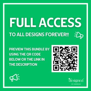 K&ouml;nnte beinhalten: Eine gr&uuml;ne Grafik mit wei&szlig;em Text, der &bdquo;VOLLZUGRIFF AUF ALLE DESIGNS F&Uuml;R IMMER!!&ldquo; und &bdquo;VORSCHAU DIESES BUNDLES MIT DEM QR-CODE UNTEN ODER DEM LINK IN DER BESCHREIBUNG&ldquo; lautet. Ein QR-Code ist ebenfalls vorhanden.