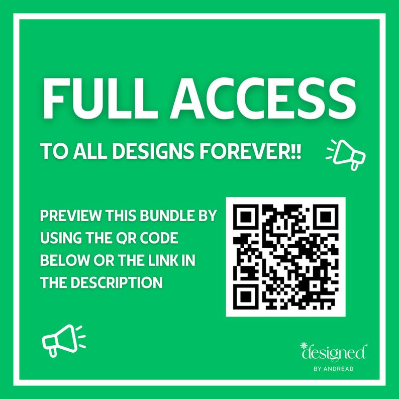 K&ouml;nnte beinhalten: Eine gr&uuml;ne Grafik mit wei&szlig;em Text, der &bdquo;VOLLZUGRIFF AUF ALLE DESIGNS F&Uuml;R IMMER!!&ldquo; und &bdquo;VORSCHAU DIESES BUNDLES MIT DEM QR-CODE UNTEN ODER DEM LINK IN DER BESCHREIBUNG&ldquo; lautet. Ein QR-Code ist ebenfalls vorhanden.