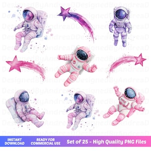 K&ouml;nnte beinhalten: Ein Set mit 25 digitalen Illustrationen von Astronauten in verschiedenen Posen, darunter schweben im Weltraum, sitzen auf einem Mondgestein und halten einen Stern. Die Astronauten tragen rosa und wei&szlig;e Raumanz&uuml;ge mit galaktischen Details. Die Illustrationen sind im Aquarellstil gehalten und zeigen rosa und lila Sternschnuppen.