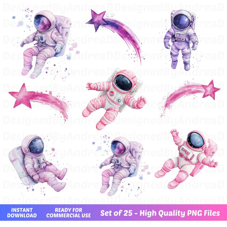 K&ouml;nnte beinhalten: Ein Set mit 25 digitalen Illustrationen von Astronauten in verschiedenen Posen, darunter schweben im Weltraum, sitzen auf einem Mondgestein und halten einen Stern. Die Astronauten tragen rosa und wei&szlig;e Raumanz&uuml;ge mit galaktischen Details. Die Illustrationen sind im Aquarellstil gehalten und zeigen rosa und lila Sternschnuppen.