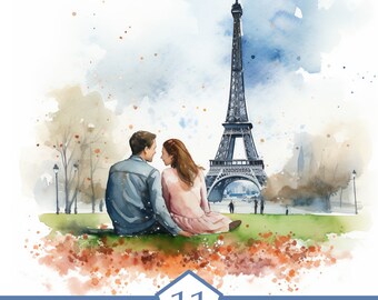 Watercolor Love in Paris Clipart, Love Couple, Couple in love, Romantic Paris, Clipart bundle, Sublimation designs, INSTANT DOWNLOAD