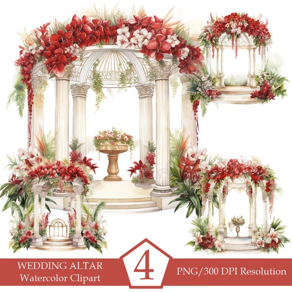 Watercolor Wedding Arch Clipart, Wedding Altar, Garden Floral Arch, Red Flowers Png, Clipart bundle, Sublimation designs, INSTANT DOWNLOAD