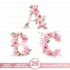 Floral Alphabet Clipart, Pink Alphabet Clipart, Watercolor Floral Alphabet, Sublimation Designs, Png bundle, INSTANT DOWNLOAD