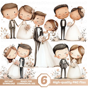 Può includere: Illustrazione ad acquerello con sei coppie di sposi dei cartoni animati. Le spose indossano abiti bianchi e tengono bouquet. Gli sposi sono in smoking. L'immagine include elementi floreali e il testo "6 High-quality PNG files".