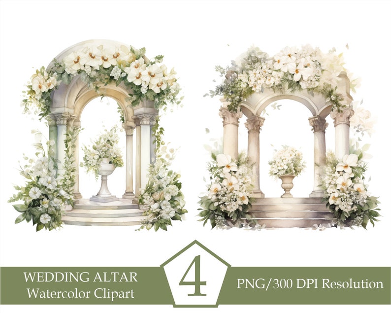 Watercolor Wedding Arch Clipart, Wedding Altar, Garden Floral Arch, Green Flowers Png, Clipart bundle, Sublimation designs, INSTANT DOWNLOAD image 5