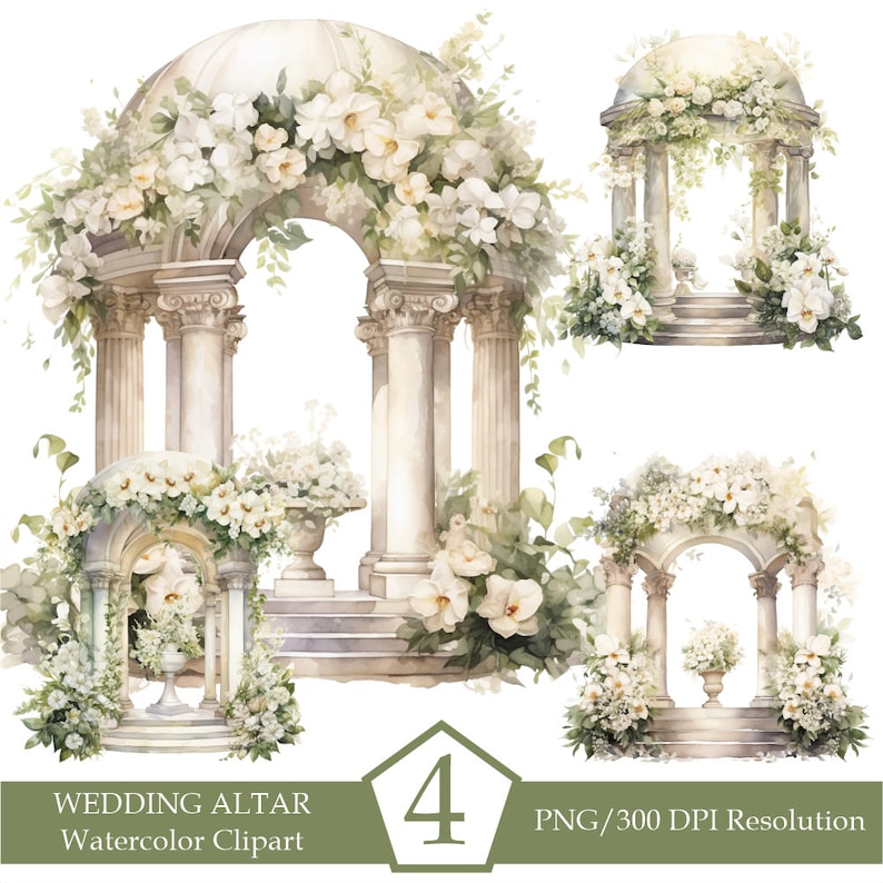Watercolor Wedding Arch Clipart, Wedding Altar, Garden Floral Arch, Green Flowers Png, Clipart bundle, Sublimation designs, INSTANT DOWNLOAD image 4