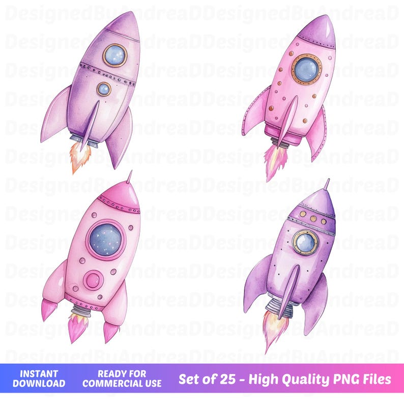 K&ouml;nnte beinhalten: Set mit 25 Aquarell-Illustrationen von rosa und lila Raketen mit Flammen. Die Raketen haben einen Cartoon-Stil und sind perfekt f&uuml;r Kinderbasteln, Partydekorationen oder Scrapbooking.