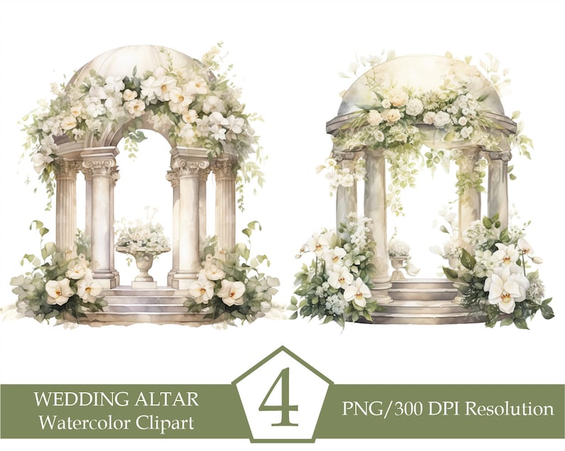 Watercolor Wedding Arch Clipart, Wedding Altar, Garden Floral Arch, Green Flowers Png, Clipart bundle, Sublimation designs, INSTANT DOWNLOAD image 3