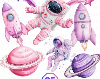 Watercolor Pink Space Clipart, Cute Astronauts Png, Outer Space, Rocket and Planets, Moon and Stars, Sublimation Designs, INSTANT DOWNLOAD