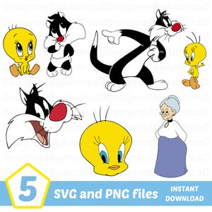 Paquete de imágenes prediseñadas de Tweety y Silvestre, Tweety Bird, Sylvester Cat, paquete de imágenes prediseñadas, diseños de sublimación, imágenes prediseñadas en capas, descarga instantánea