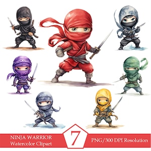 Watercolor Ninja Clipart, Cute ninja, Ninja warrior, Ninja png, Clipart bundle, Sublimation designs downloads, INSTANT DOWNLOAD