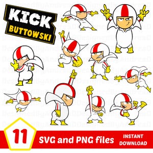 Puede incluir: Una colección de once archivos SVG y PNG de Kick Buttowski. El personaje de dibujos animados se muestra en varias poses de acción, con un mono blanco, un casco rojo y blanco y guantes y botas amarillas. Incluye el texto "KICK BUTTOWSKI".