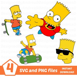 May include: A digital graphic featuring four images of Bart Simpson in various poses. Bart is wearing a red shirt and blue shorts. One image shows Bart with a skateboard, and another shows Bart wearing sunglasses. The image includes the text "4 SVG and PNG files" and "Instant Download."