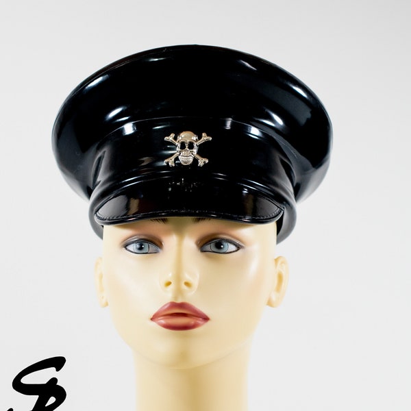 Latex  Military Hat in Black with Chrome skull & Crossbones