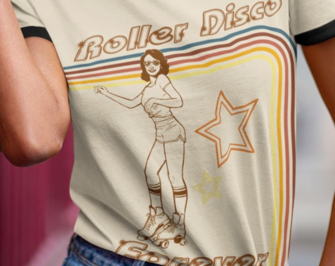 Retro Vintage 70s Roller Disco Forever Ringer Tee – Hand-Drawn Roller Girl Graphic