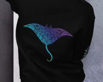 Tribal Manta Ray Hoodie with Plumeria Sleeves, Ocean Fashion