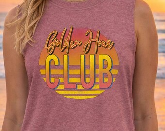 Golden Hour Club Cropped Tank Top, Retro Sunset Graphic Tee, Vintage Summer Beach Outfit