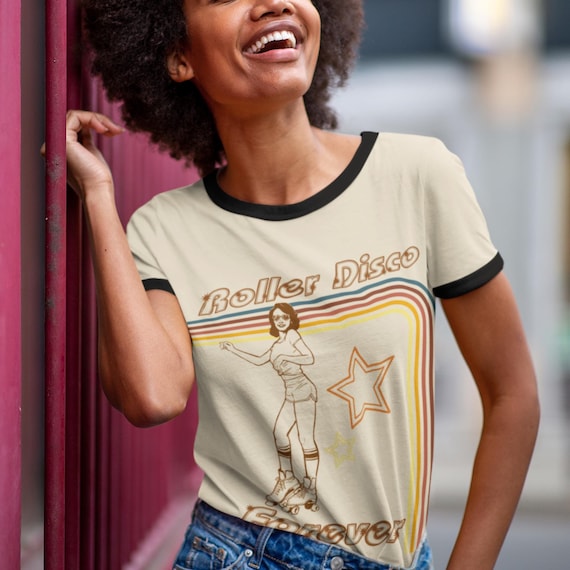 Retro Vintage 70s Roller Disco Forever Ringer Tee – Hand-Drawn Roller Girl Graphic