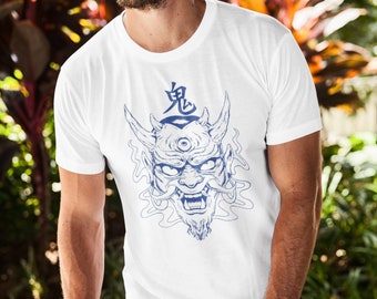 Einzigartiges handgezeichnetes japanisches Oni Teufel T-Shirt - Herren Streetwear