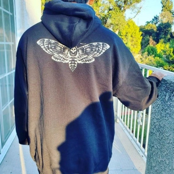 Hand Drawn Death Moth Hoodie, Dark Cottagecore Goth Style