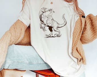 Cowgirl Riding Dinosaur Graphic Tee, Funny Weirdcore Shirt