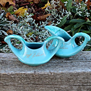 60s Redware Pottery Canadian Souvenir Sugar Creamer, Baniff Cablecar Alberta Canada, Vintage Mid Century Blue Drip Glaze
