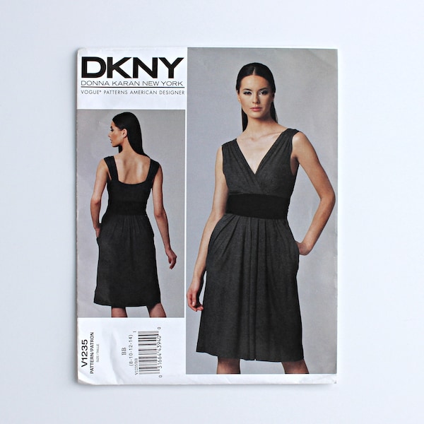 Vogue V1235 DKNY Donna Karan American Designer Deep V Neck Dress Uncut Sewing Pattern, Size 8-14, Sleeveless Knee Length