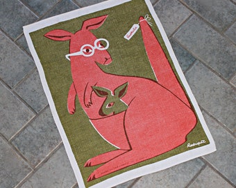 Rodriquez Australia Kangaroo Print Large Linen Bar Towel, Vintage 70s Australian Hand Screened Artisan Textile, Wall Hanging