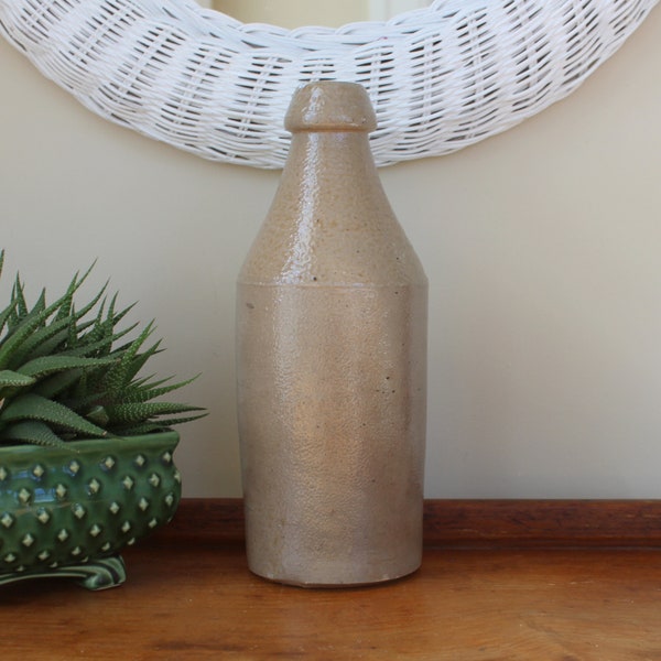 Antique Salt Glaze Stoneware Beer Bottle, Hand Thrown Rustic Primitive Unmarked Root Beer, Ale, Stout Jug