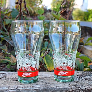 Coca Cola Christmas Beverage Glasses, Vintage 80s Libbey Pine Cone Design Pale Green Coke Glass