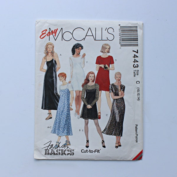 90s McCalls 7443 Slip Dress, Size 10, 12, 14, Vintage Easy Fashion Basics Sundress, Knee, Midi, Maxi Length