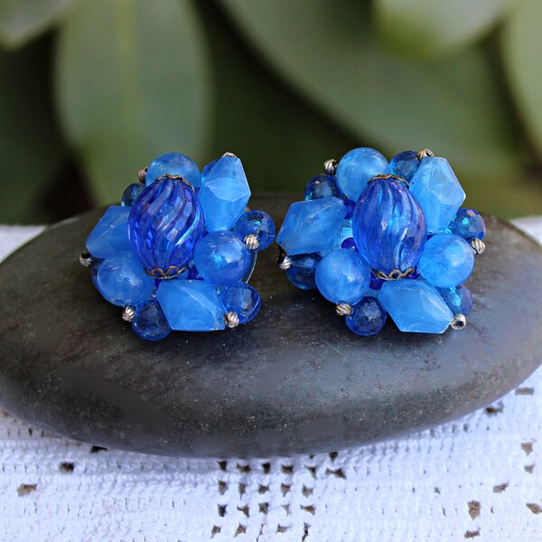 Blue Lucite Beaded Cluster Clip On Earrings, Vintage 50s West Germany Faceted Iridescent Beads