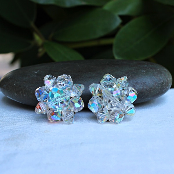 Aurora Borealis Crystal Cluster Clip On Earrings, Vintage 40s 50s Germany Faceted Iridescent Glass Beads