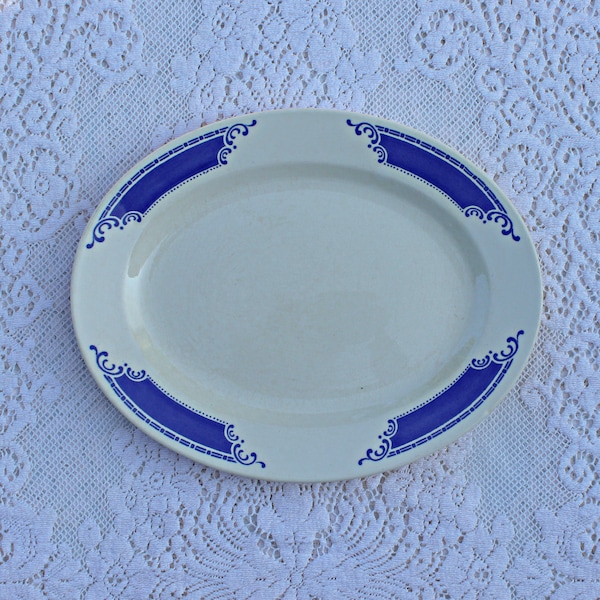 Homer Laughlin Ironstone Oval Platter, Blue Scroll Trim, Vintage 30s Diner Steak Serving Plate, Restaurant Ware