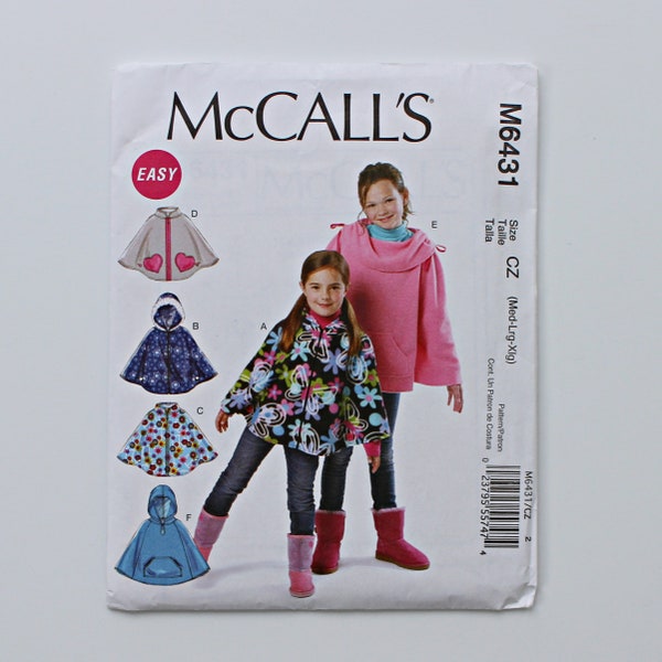 McCalls M6431 Girls Poncho Uncut Sewing Pattern, Size M L XL, Hooded Zip Front Cape With Pockets