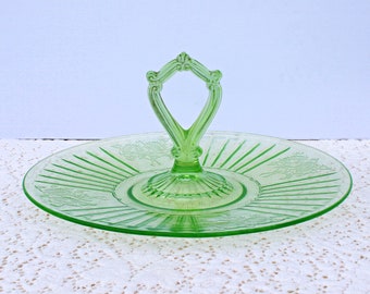 Green Depression Glass Center Handle Serving Tray, Vintage 30s Hocking Mayfair Open Flower Plate